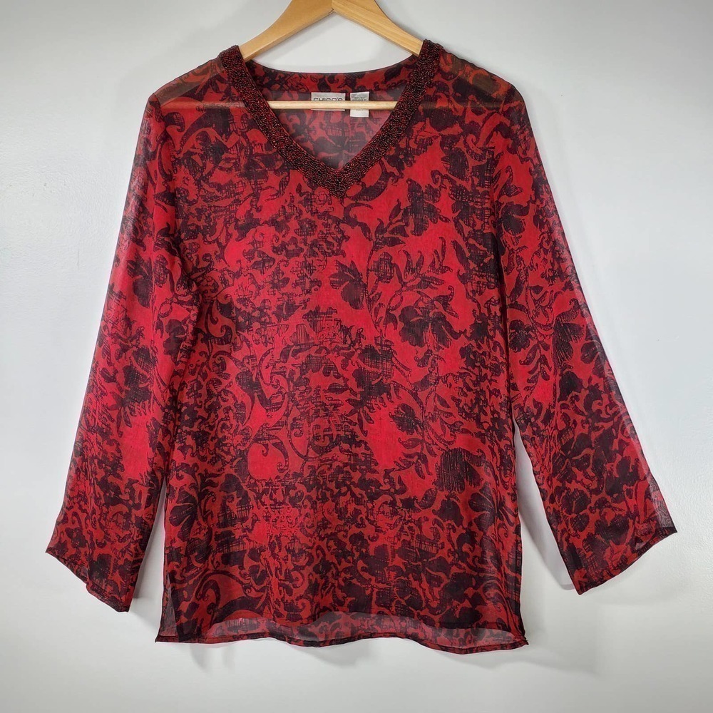 Chico's Embellished 100% Silk Baka Tunic Blouse Red Black Size 0 / Small - Picture 9 of 10